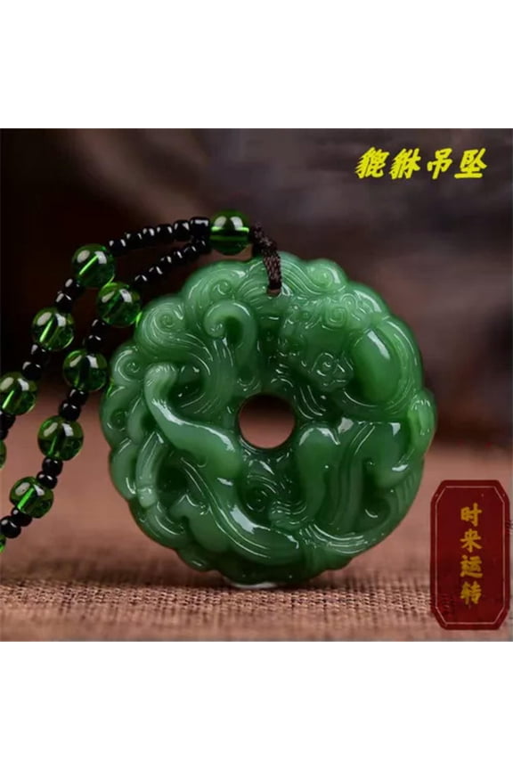 Green Stone Carved Chinese Dragon Crystal Jade Pendant Amulet Necklace Gift-Green