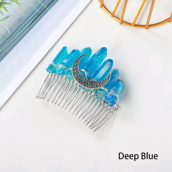 GKNET Handmade Quartz Crystal Hair Comb Witch Moon Crown Wedding Accessories Healing-Blue
