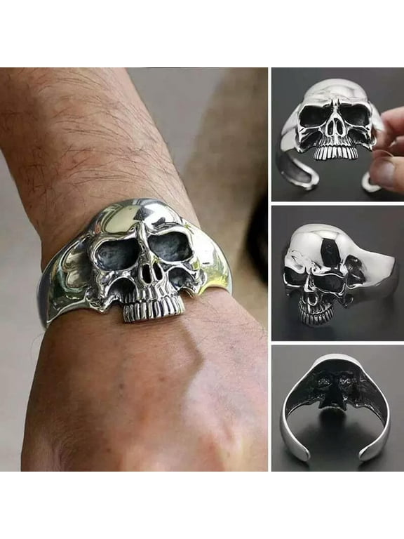 Heavy Phantom Skull Stainless Steel Silver Mens Cuff Bracelet Rider Biker Harley
