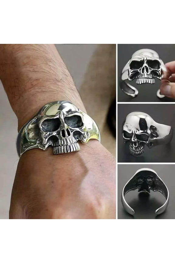 Heavy Phantom Skull Stainless Steel Silver Mens Cuff Bracelet Rider Biker Harley