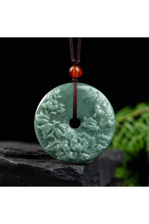 High-Quality 100% Grade Natural A Jade Jadeite Lucky Peony Flower Circle Pendant