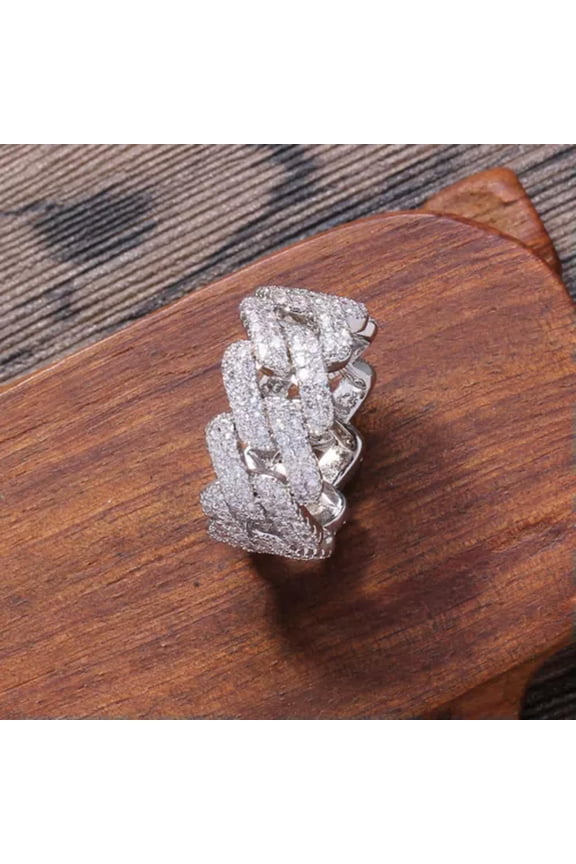 Hip Hop 11mm Rhombus Cuban Chain Rings 18K Real Gold Plated Mens Jewelry-Silver-7