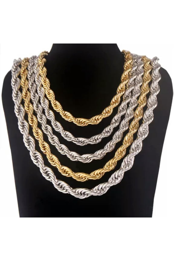 Hip Hop 18K Real Gold Plated Stainless Steel Rope Link Chain Necklace Jewelry-Silver-20 in-8mm