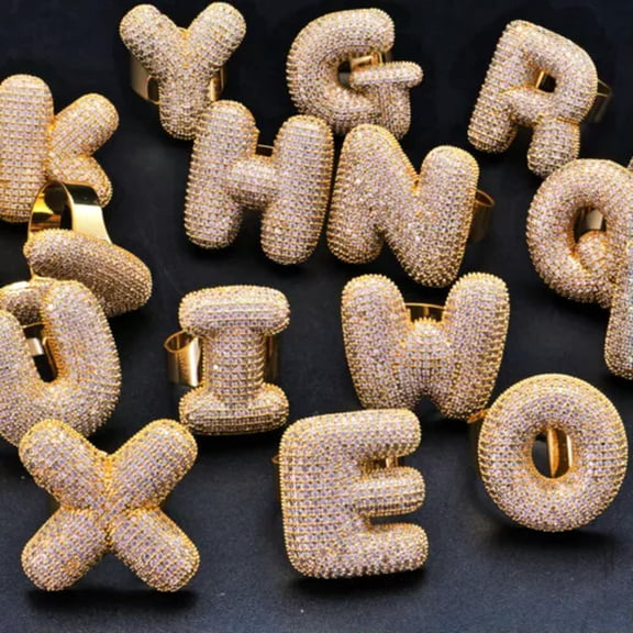GKNET Hip Hop A-Z Bubble Letters Rings For Men Women Gift Adjustable Size Gold Plated-A-Z(leave a message)-Adjustable
