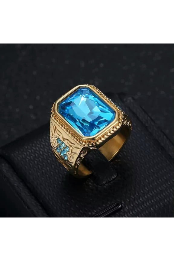 Hip Hop Casting Ring Ice Blue Rhinestone Titanium Steel Gold Plated Mens Jewelry-12-Gold