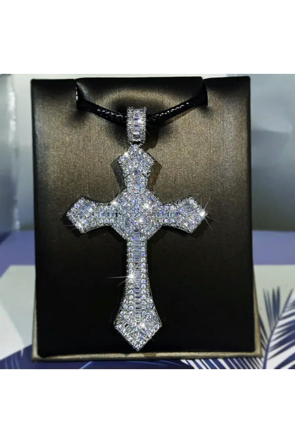 Hip Hop Cross Pendant Necklace Religious Delicate Jewelry Bling Platinum Plating Men Gift-Silver color