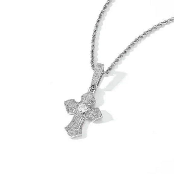 GKNET Hip Hop Cross Pendant Necklace TopBling 5A T Zircon Real Gold Plated Men Jewelry-Silver