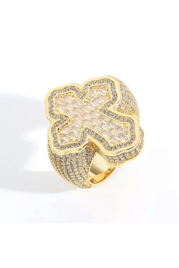 Hip Hop Cross Ring 18K Real Gold Plated Micromosaic T Zircon Cool Men Jewelry-Gold-9