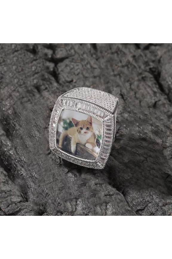 Hip Hop DIY Custom Photo Ring 18K Real Gold Plated T Zircon Women Mens Jewelry-Silver-8