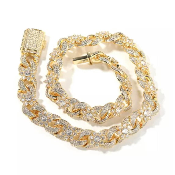 GKNET Hip Hop Flower Cuban Chain Necklace Bracelet 5A Zircon 8 Infinite Chain Jewelry-18 in Necklace-Gold white zircon