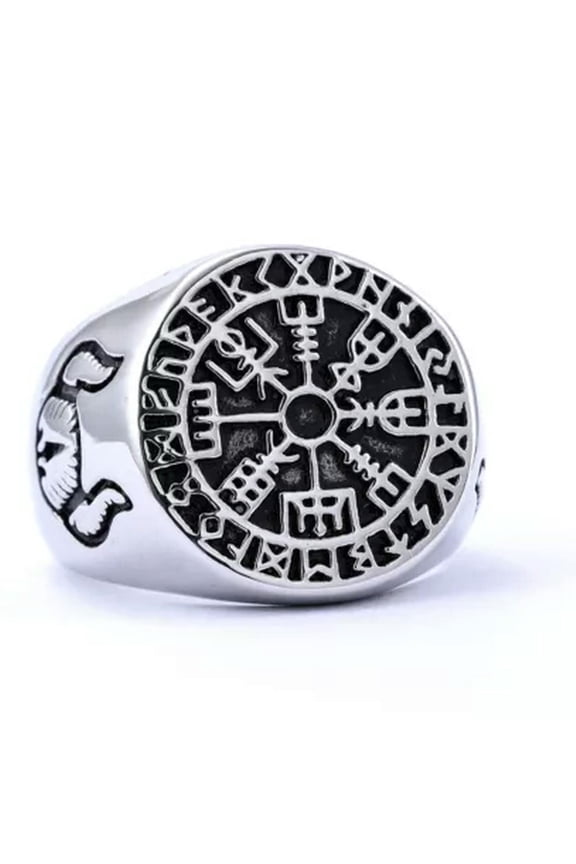 Hip Hop Mens Stainless Steel Viking Runes Vegvisir Ring Size 7-13-8