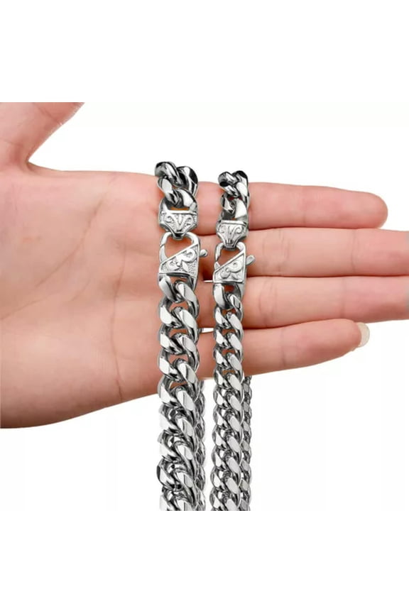 Hip Hop Miami Cuban Link Chain Mens Casting Silver Titanium Steel Necklace-20 in-10mm