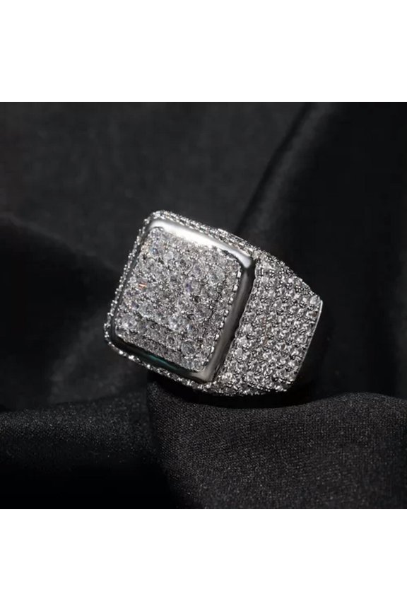 Hip Hop SRetro Big Cube Ring 5A Cubic Zircon 18K Gold Plated Finger Ring Jewelry-Silver-8