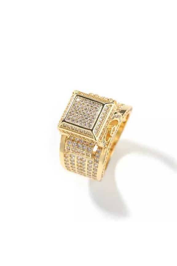 Hip Hop Square Casting Rings 5A Zircon 18K Real Gold Plated Delicate Jewelry for Men-Gold-10