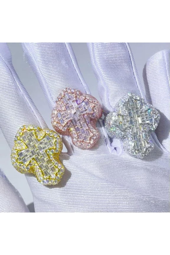 Hip Hop Square T Zircon Cross Ring Copper 18K Real Gold Plated Finger Ring-Gold-9