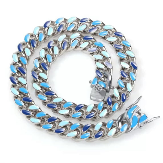 GKNET Hip Hop Stainless Steel Cuban Chain Necklace Bracelet Colorful Dripping No Fade-Blue-18 in necklace