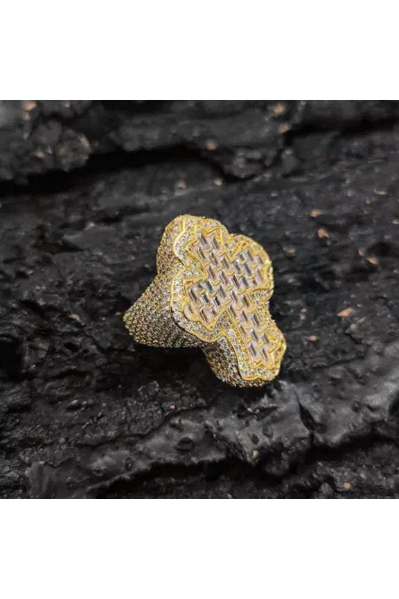 Hip Hop T Zircon Cross Ring 18K Real Gold Plated Cool Men Finger Ring Delicate Jewelry -9-Gold