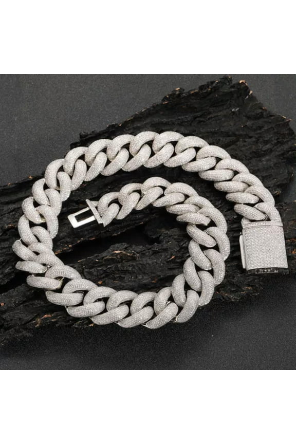 Hip Hop Tennis Chain Cubic Zirconia Bubble Miami Cuban Link Chain Men's Necklace-Silver-24inch