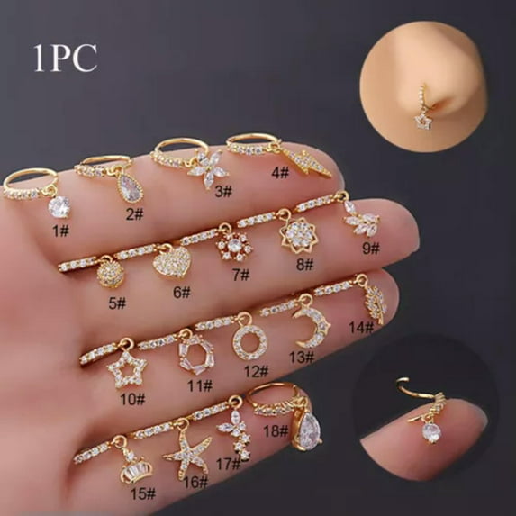 GKNET Huggie Dangly Crystal RING Nose Hoop-Sparkly Crystal Nose Ring Helix Ring-gold-10
