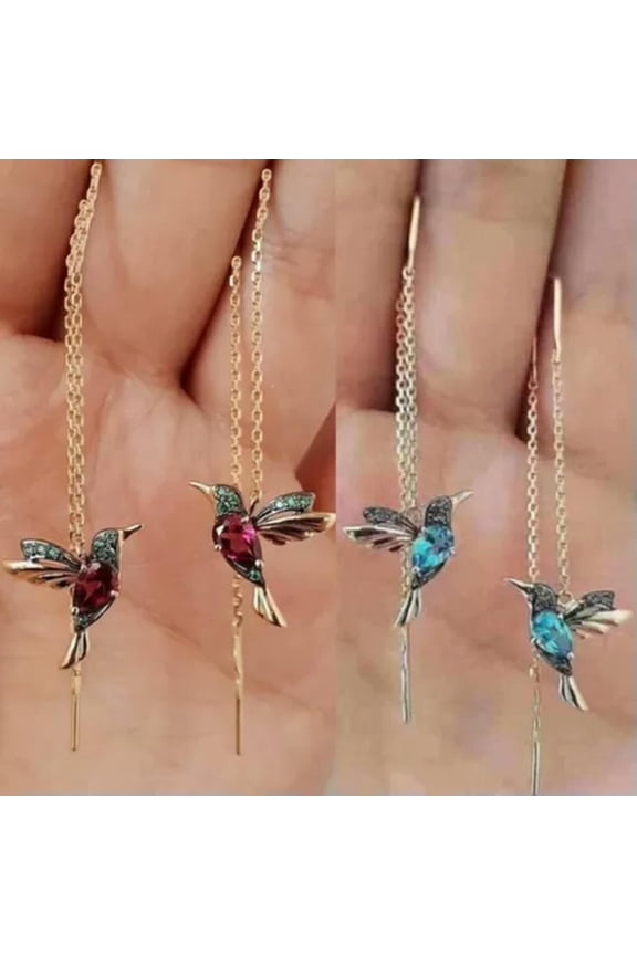 Hummingbird Earrings Stud Threader Long Drop Tassel Crystal Dangle Women Jewelry-Red+Blue