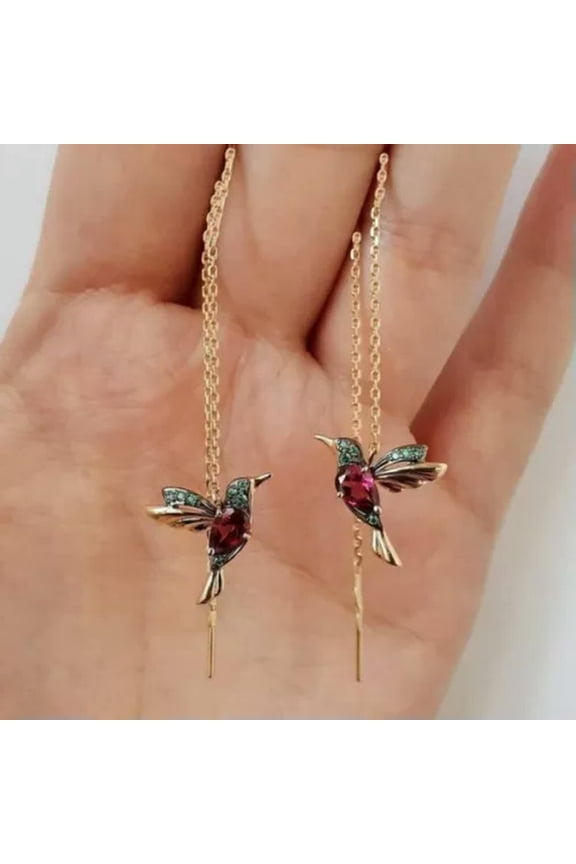 Hummingbird Earrings Stud Threader Long Drop Tassel Crystal Dangle Women Jewelry-Red
