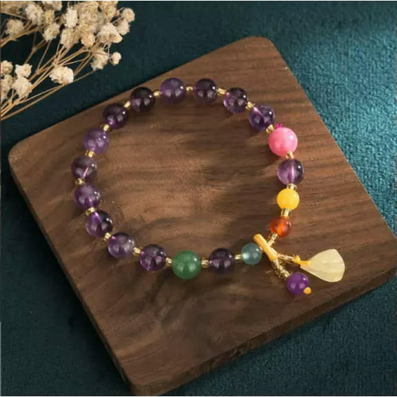 GKNET Jade Citrine Round Beads Charm Bracelet Healing Chain Dainty Colorful Gemstone