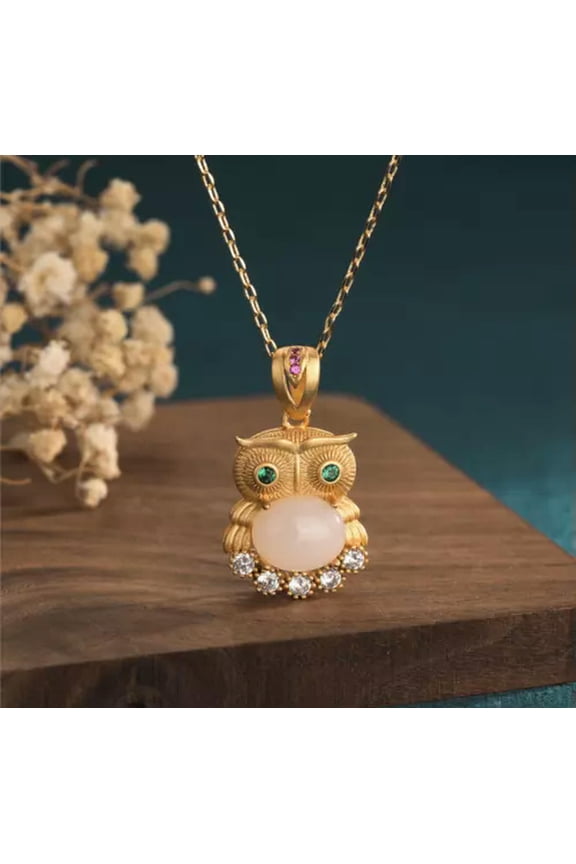 Jade Crystal Owl Pendant Necklace Charm 18K Gold Plated Chain Dainty Gemstone