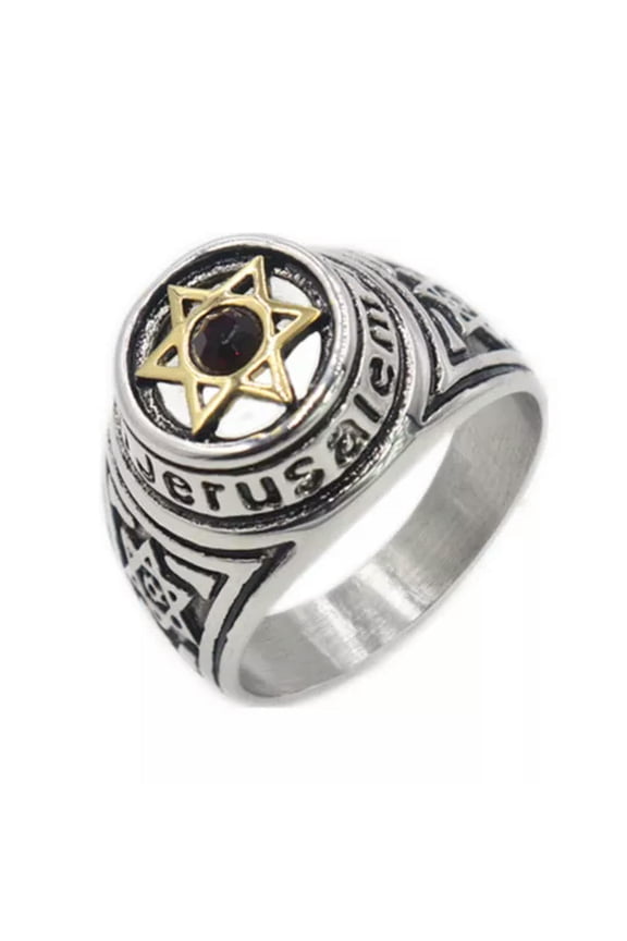 Jerusalem Six Point Hexagram Star of David Mens Stainless Steel Ring Size 7-13-12