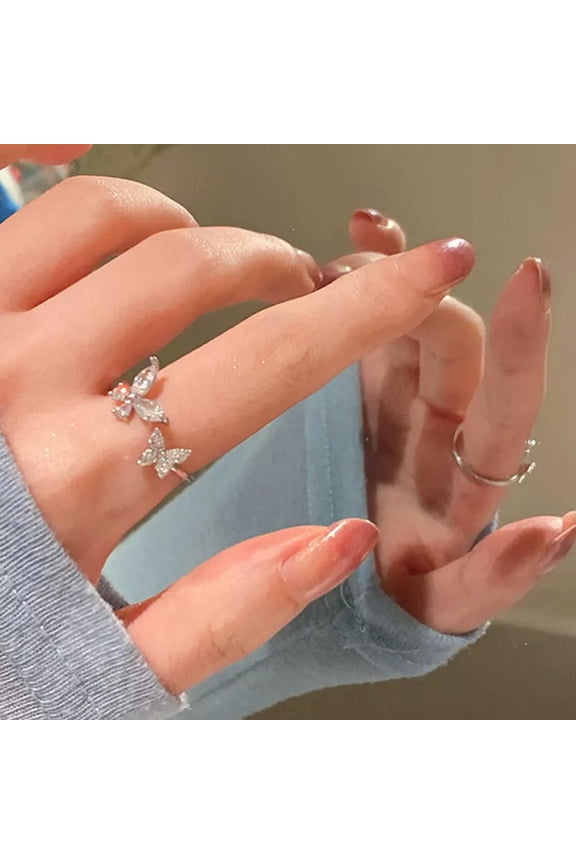 Korean Luxury Sparkling Alloy Butterfly Rings Fashion Adjustable Open Jewelr WY4