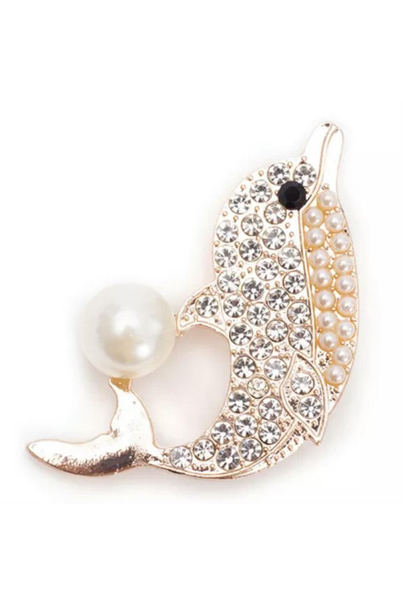 Korean Style Fashion Elegant Pearl Rhinestone Dolphin Brooches Animal Suit Ba-A4