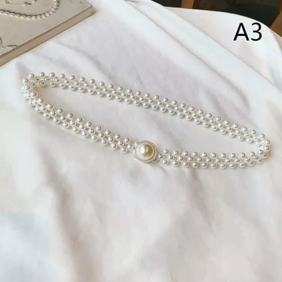 GKNET Large Pearl Waist Chain Women's Elastic Belt with Diamond Decoration All-mat WY4-A3