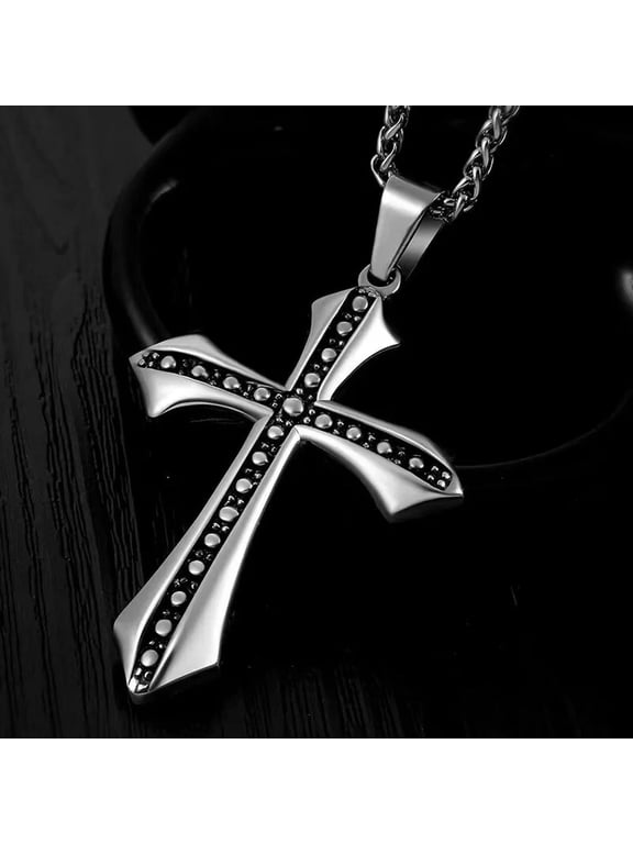 Large Silver Black Cross Pendant Necklace Religious Christians Delicate Jewelry Chain 24"