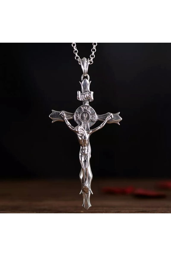 Large Solid 925 Sterling Silver Catholic Cross Jesus Crucifix Necklace Pendant