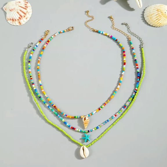GKNET Layered Small Rice Beads Choker Starfish Shell Pendant Necklace For Women Gift