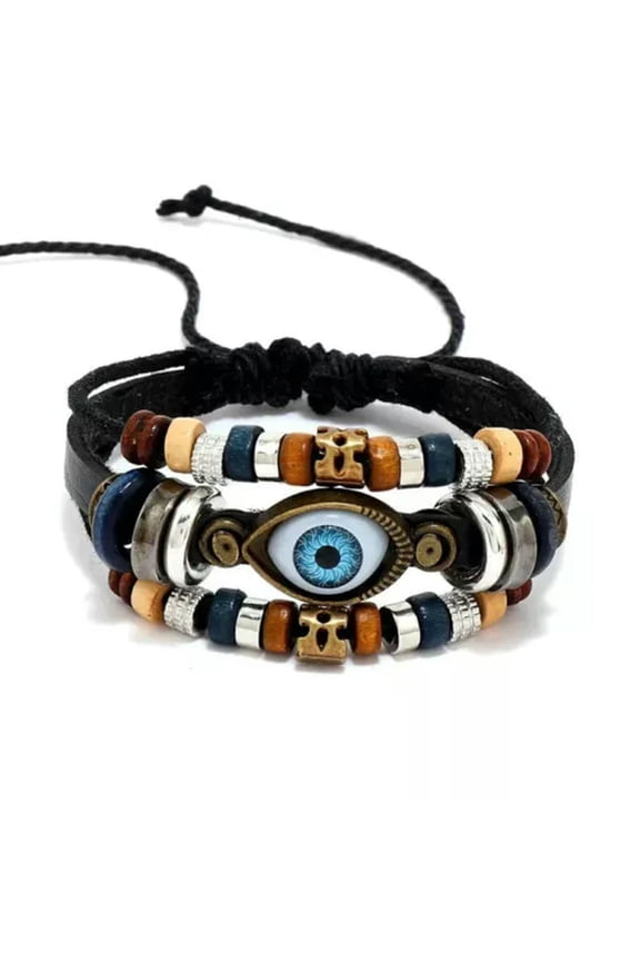 Leather Braided Beaded Multi-layer Evil Eye Wristband Bangle Prayer Amulet Gift-Black Leather