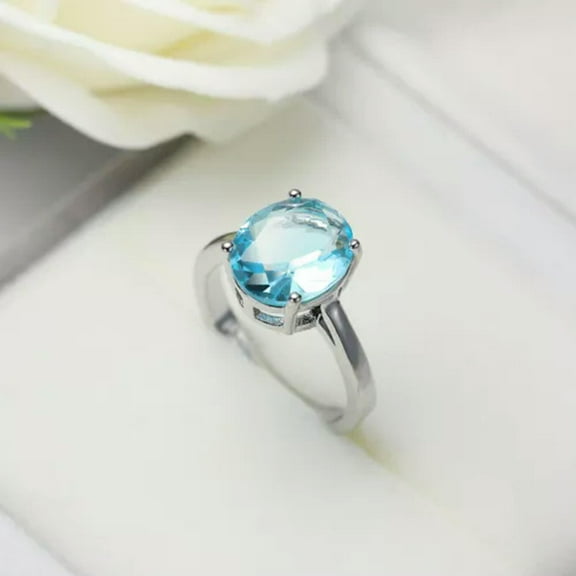 GKNET Light Blue Oval Zircon Crystal Ring 925 Sterling Silver Ring Women Fashion Ring-8#