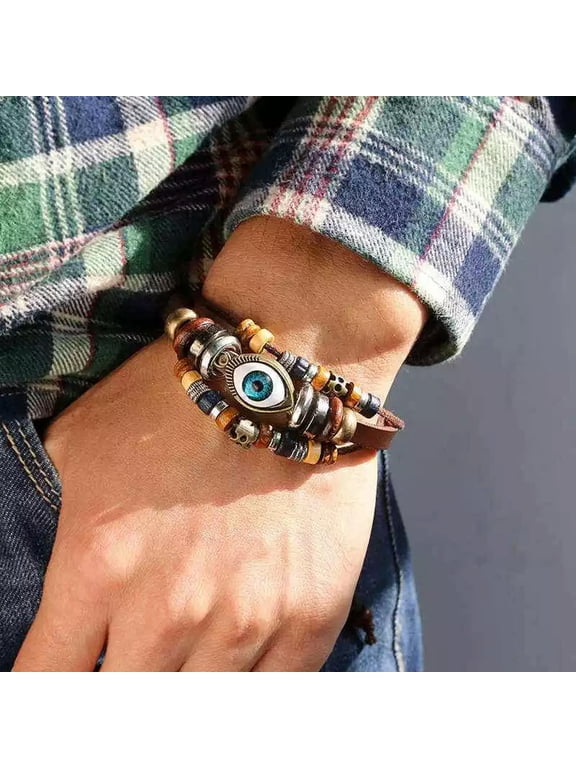 Light Coffee Leather Braided Beaded Demon's Eye Wristband Prayer Couple Bracelet