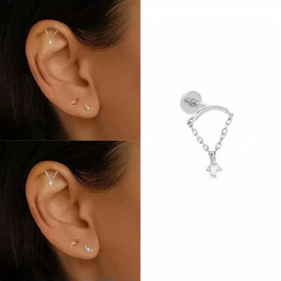 GKNET Light Luxury Fashion Chain Piercing Earrings Zircon Pendant Tassel Stud Earrings-A1