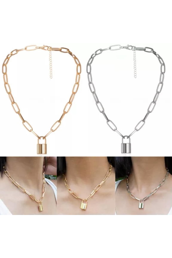 Lock Pendant Necklace Padlock Charms Long Chain Unisex Punk Hiphop Delicate Jewelry Gi_tu-White