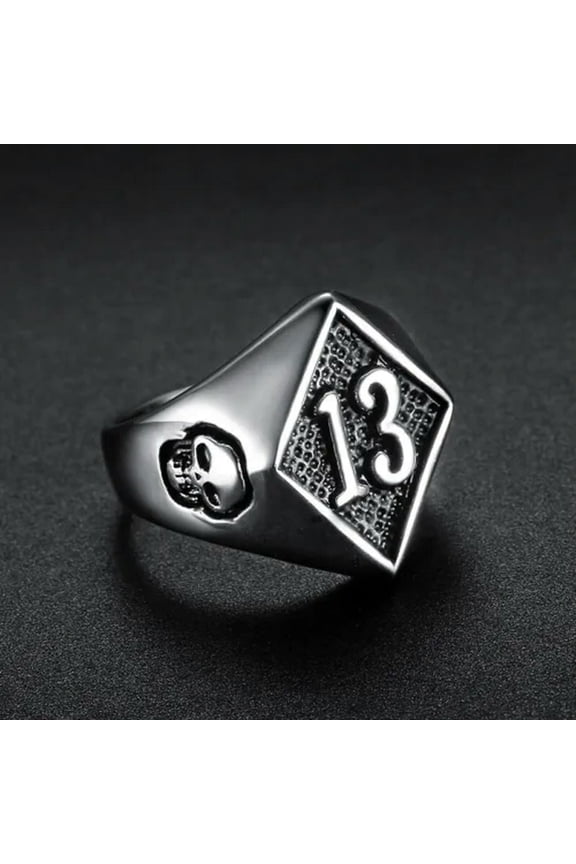 Lucky Number Stainless Steel Punk Biker Gothic Number 13 Skull Ring 7-19-13-Silver