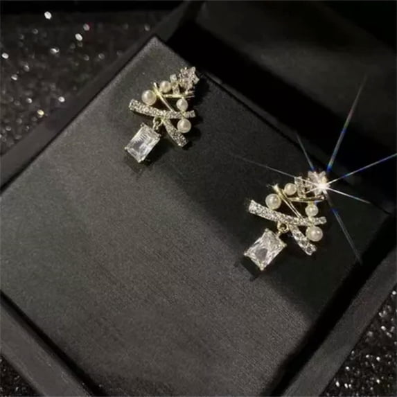 GKNET Luxurious Christmas Tree Crystal Zircon Earrings Drop Dangle Women Delicate Jewelry Gift-Gold Pearl Christmas Tree