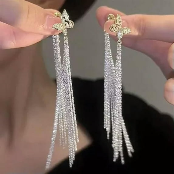 GKNET Luxury 925 Sliver Plated Crystal Pearl Long Tassel Earrings Dangle Delicate Jewelry Women-2pcs Earring#9