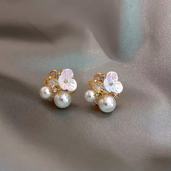 GKNET Luxury Cubic Zirconia Pearl Flower Stud Earrings Dangle Women Weddings Jewelry-26-Flower Pearl