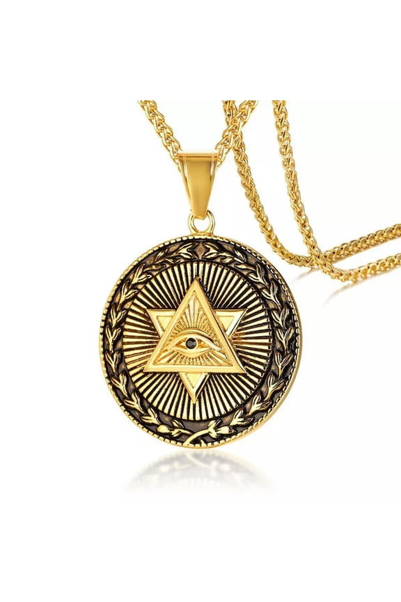 Men Gold Illuminati Pyramid All Seeing Eye Pendant Punk Biker Necklace Chain 24"
