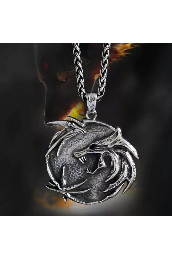 Men Punk Silver Witcher Wolf Pendant Necklace Rock Biker Delicate Jewelry Stainless Steel