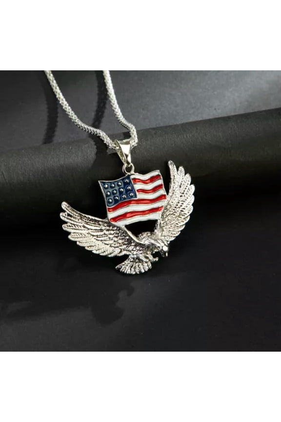 Men Silver Cross / U.S Flag Skull / Eagle / Bible Pendant Necklace Box Chain 24"-Style 8- Eagle w. US Flag -Silver
