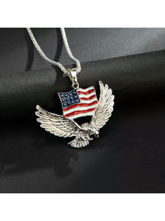 Men Silver Cross / U.S Flag Skull / Eagle / Bible Pendant Necklace Box Chain 24"-Style 8- Eagle w. US Flag -Silver