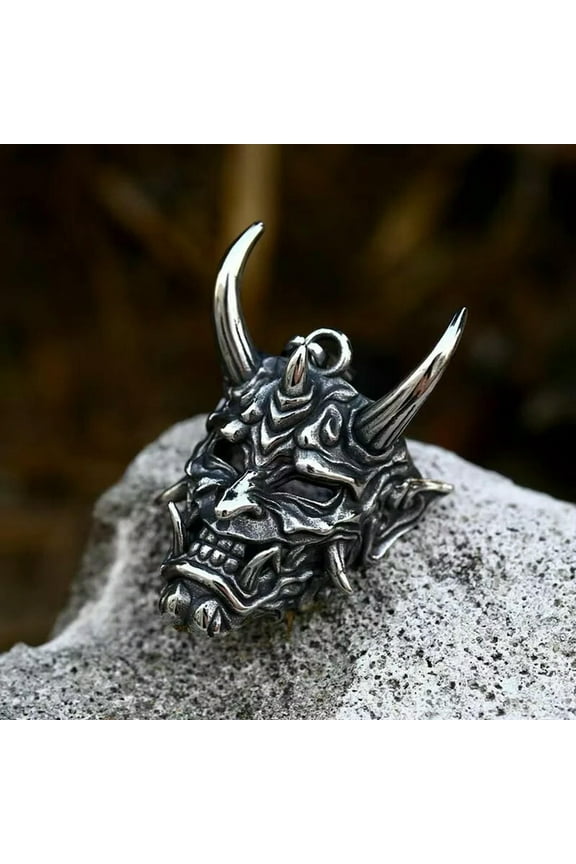 Men Silver Hannya Mask Pendant Necklace Punk Retro Rock Delicate Jewelry Box Chain 24"