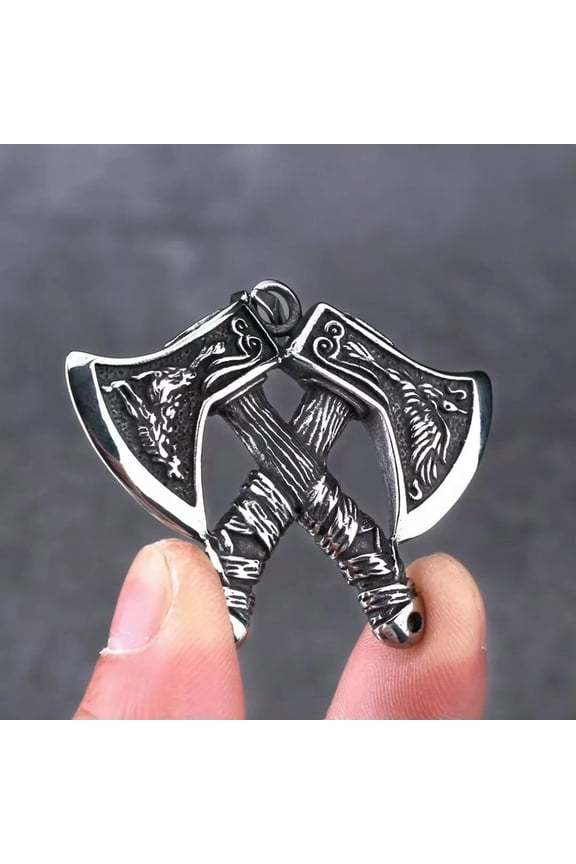 Men' Viking Silver Wolf Raven Crossed Double Axe Pendant Necklace Box Chain 24"