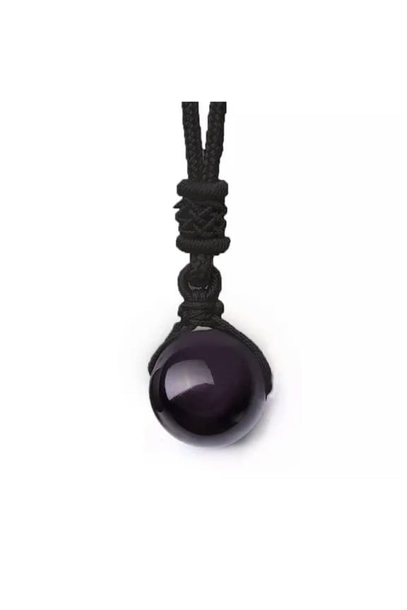 Men Women Double Rainbow Eyes Natural Obsidian Bead Pendant Long Chain Jewelry-black-16mm